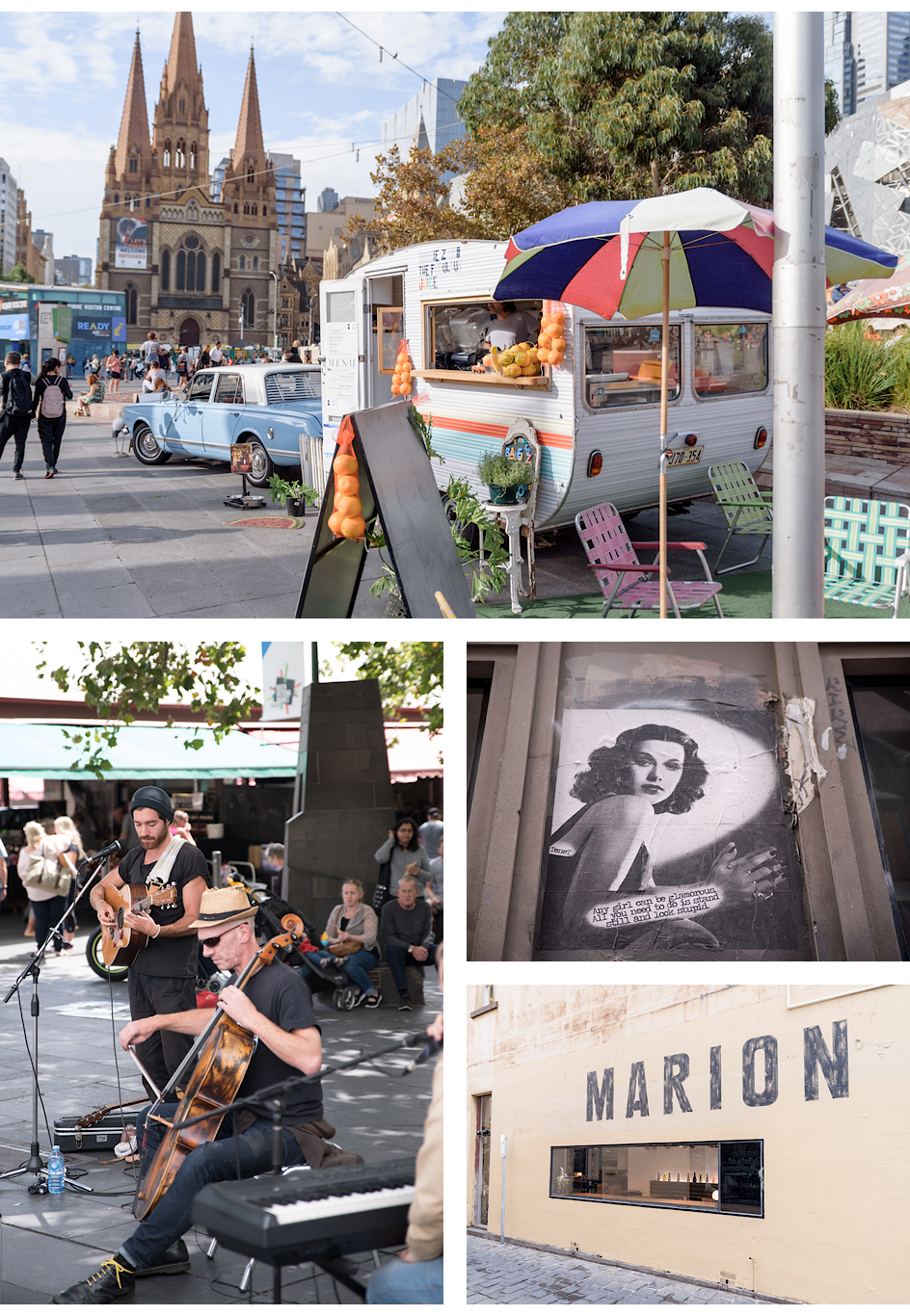 Federation Square, Band Amistat am Victoria Market, Street Art in der Hoiserlane; Restaurant Marion in der Gertrude Street