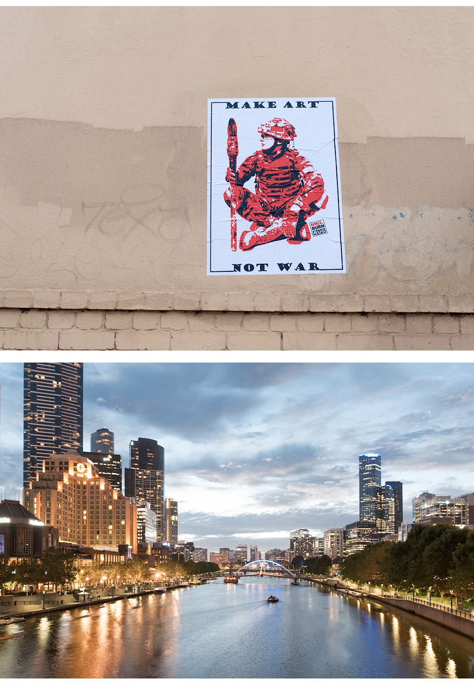 Make Art not War in der Nähe vom Victoria Markt, Yarra River von der Princes Bridge aus