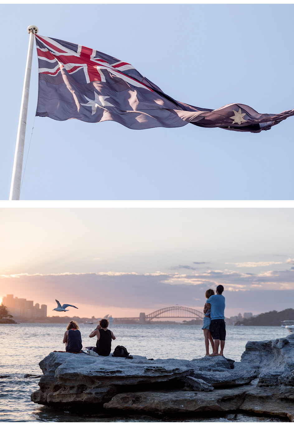 Australische Flagge, Blick auf die Harbour Bridge und die Skyline von Sydney